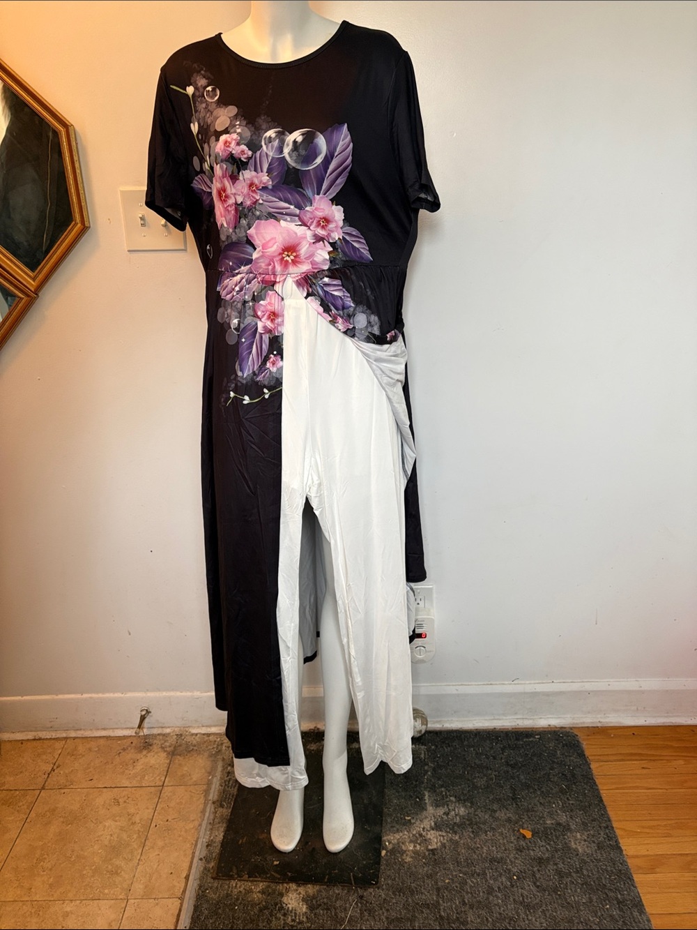 Black Midi Dress with Pink & Purple Floral Panel & White pants